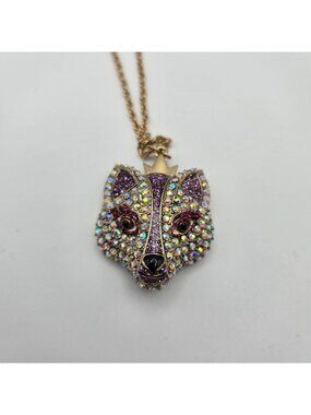 Betsey Johnson Fox Pendant Necklace Purple Rhinestone Gold-Tone Chain